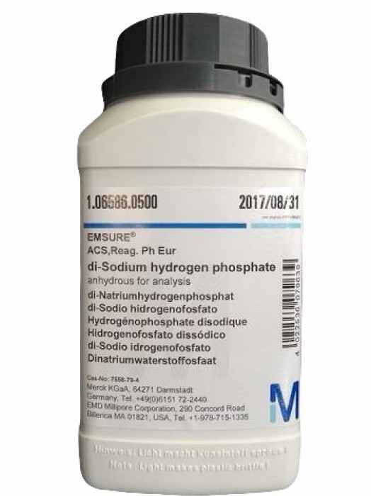 106586.0500	DI-SODIUM HYDROGEN PHOSPHATE ANHYDROUS GR ACS	500 G  มีสต๊อกพร้อมส่ง